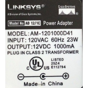 CARGADOR / ADAPTADOR DE FUENTE DE ALIMENTACION LINKSYS VCA-VCD / NUMERO DE PARTE AM-1201000D41 / E112794 / ENTRADA VCA 120VAC 60HZ 23W / SALIDA VCD 12V 1000MA / MODELO AM-1201000D41